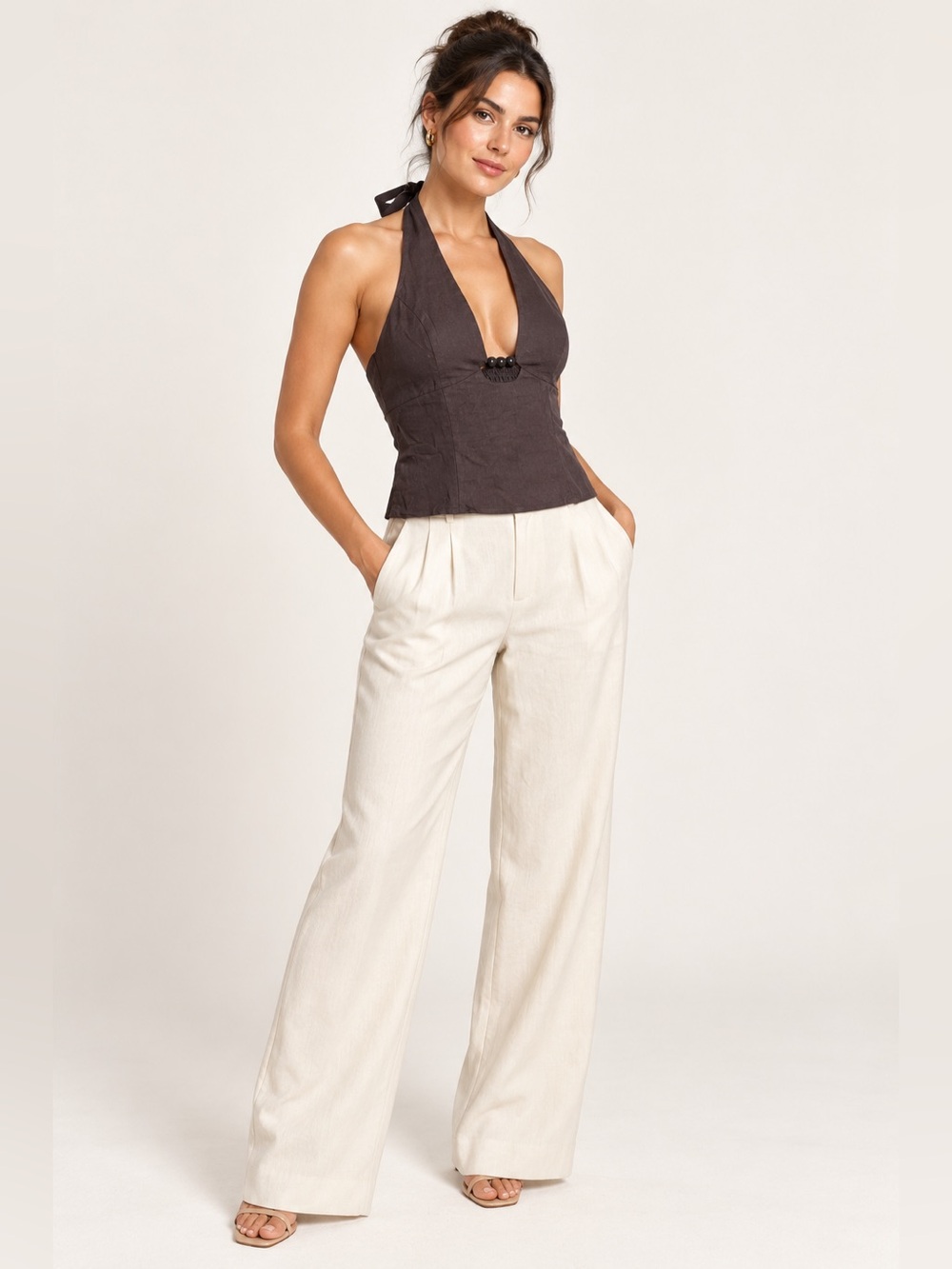 🤎 SIM & SAM Linen Blend Halter Top NWT Size M • MSRP $58 ✨